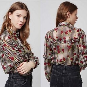 TopShop Gingham And Rose Print Ruffled Top